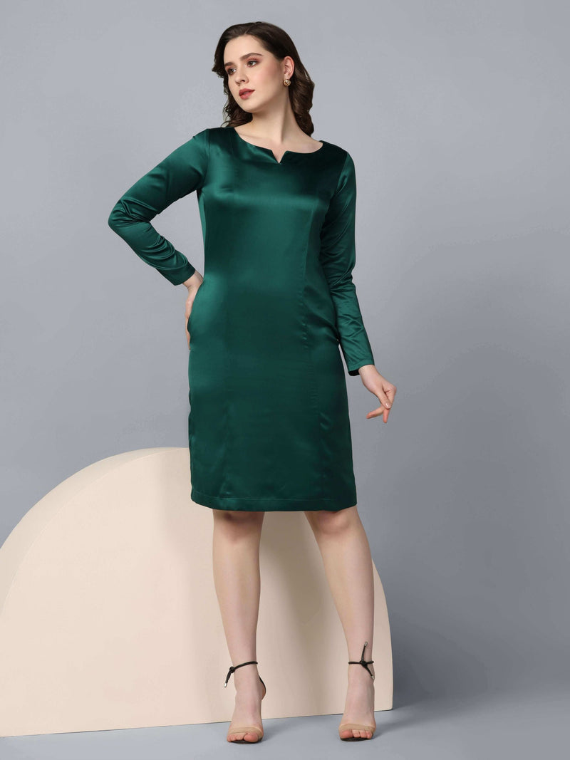 Bottle green satin party dress with long sleeves and elegant neckline.