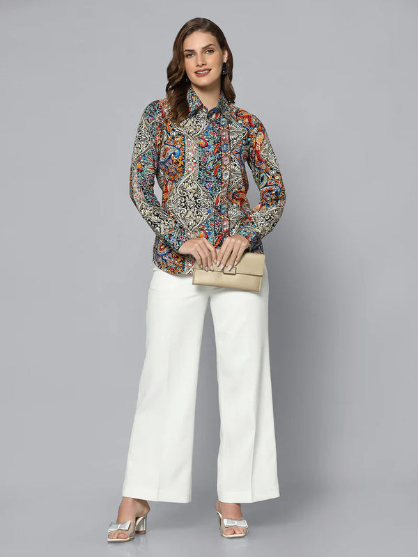 Multicolor collared shirt with wide bottom stretch trousers for stylish comfort.