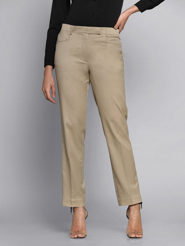 Poly Cotton Mid Waist Regular Fit Pants in Bamboo Beige for women.