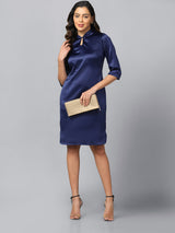 Satin navy blue party dress for elegant evening occasions.