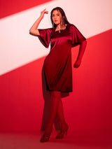 Satin stretch A-line party dress in wine color, stylish and elegant.