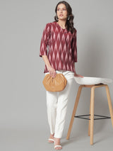 V-Neck Ikat Print Cotton Top in Maroon worn with stylish accessories.