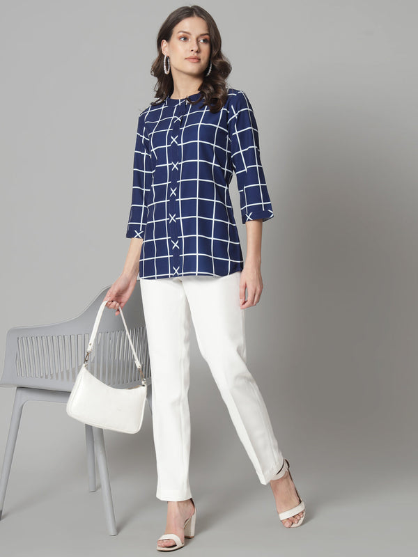 Stylish blue mandarin collar top with white grid pattern for women.