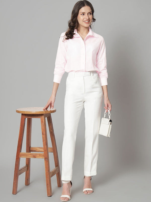 Collared cotton shirt in pink, stylish women’s fashion outfit.