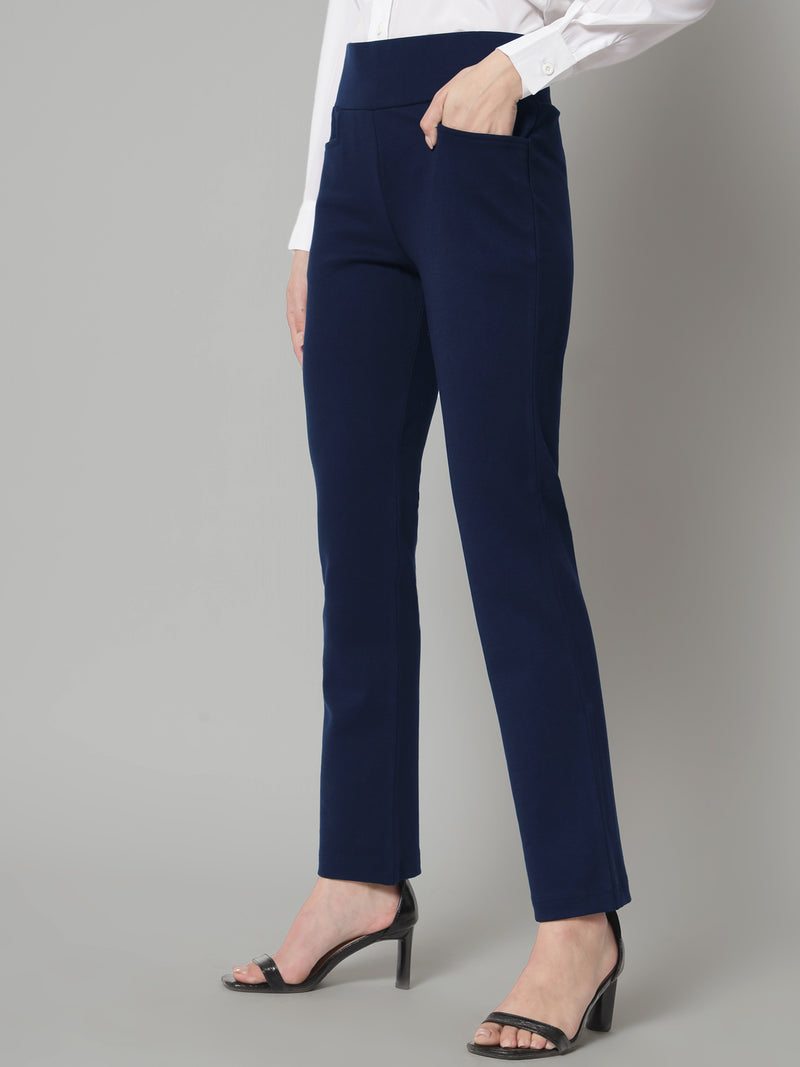 Wide Belt Stretch Trouser - Navy Blue