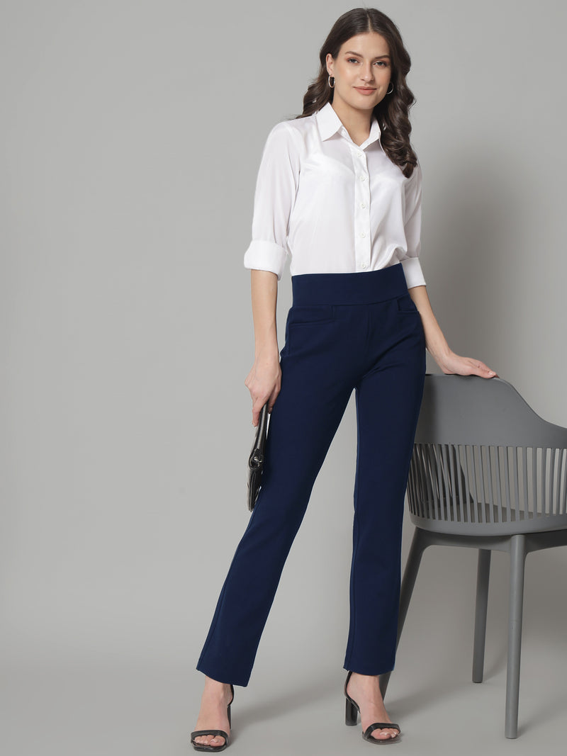 Wide Belt Stretch Trouser - Navy Blue