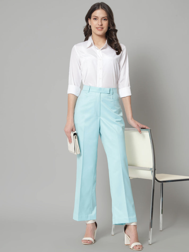 Poly cotton mid waist formal trouser in sky blue for women's fashion.