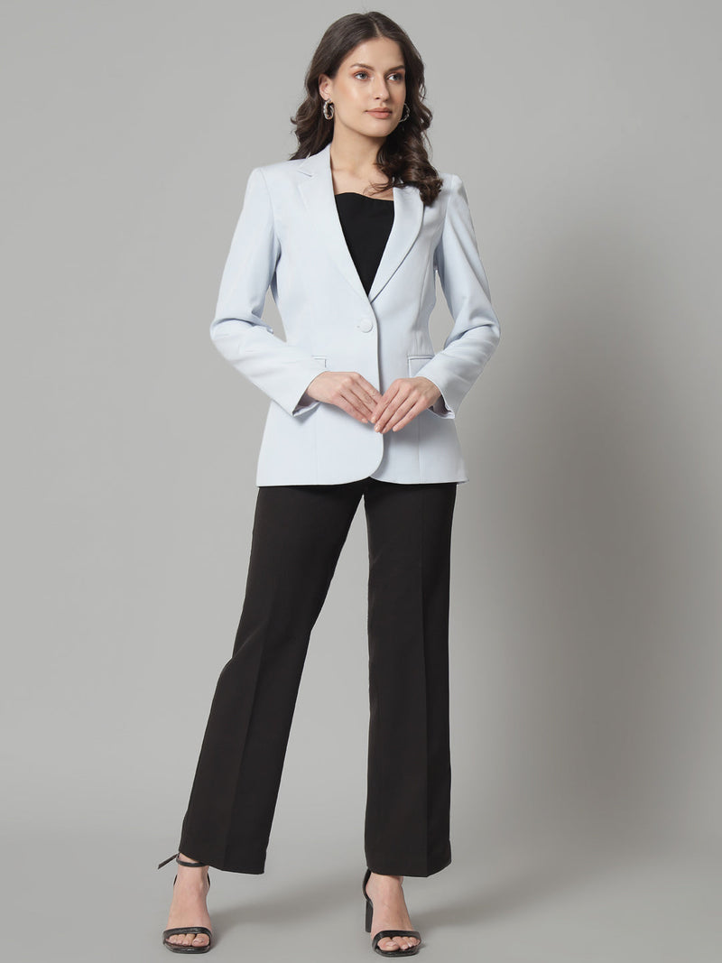 Single button notch collar blazer in ice blue for stylish women.