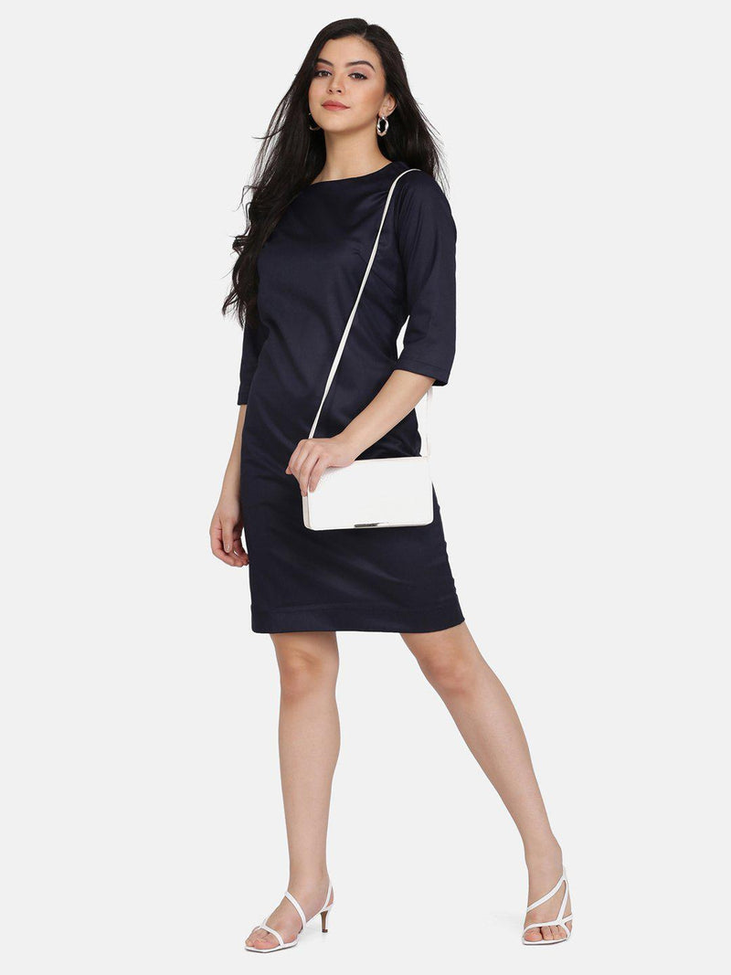 Navy Blue Poly Cotton Workwear Sheath Dress