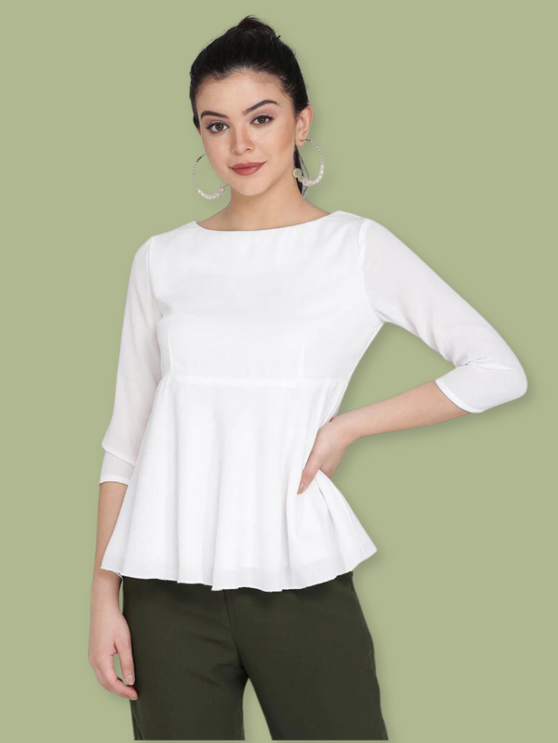 High Waist Flare Poly Moss Top in White for stylish women's fashion.