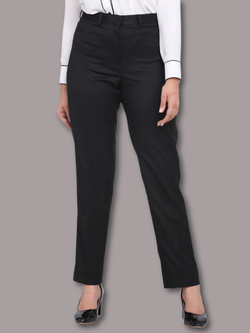 Poly cotton mid waist formal trousers in black for stylish office wear.