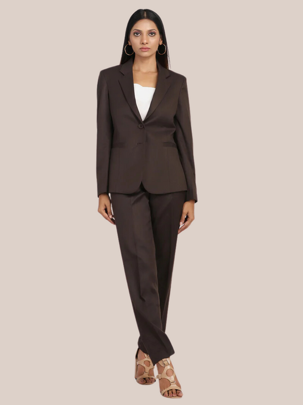 Poly Cotton Pant Suit in Chocolate Brown for stylish women's wear.