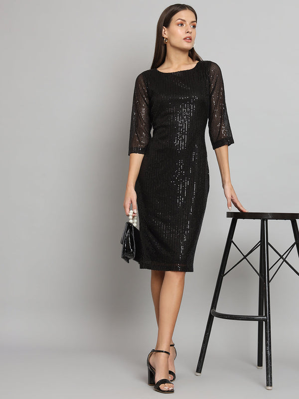 Stylish black stretch sequins party dress for elegant events.