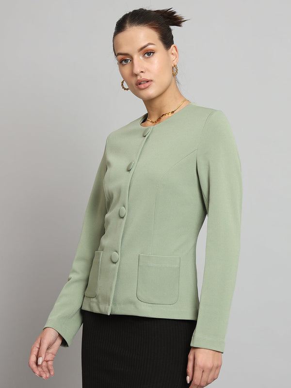 Short sage green jacket without collar, featuring front buttons and pockets.