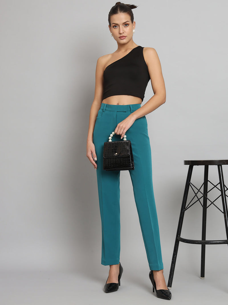 Regular fit mid waist teal green trousers for stylish women.