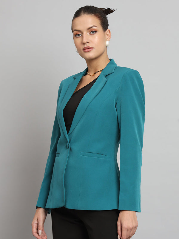 Notch collar stretch blazer in teal green for stylish women’s fashion.