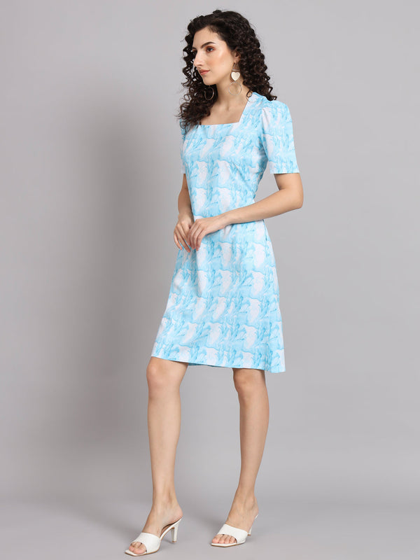 A-line blue marble print dress with short sleeves and stylish design.