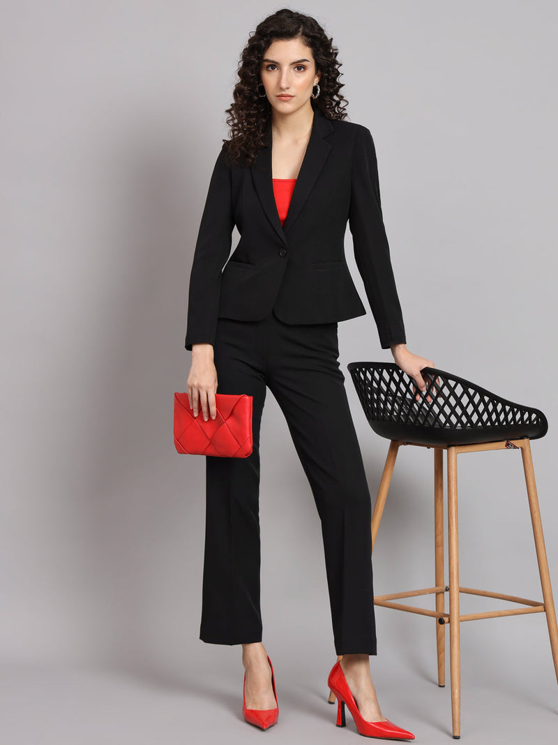 Short blazer notched collar pant suit in black for women.