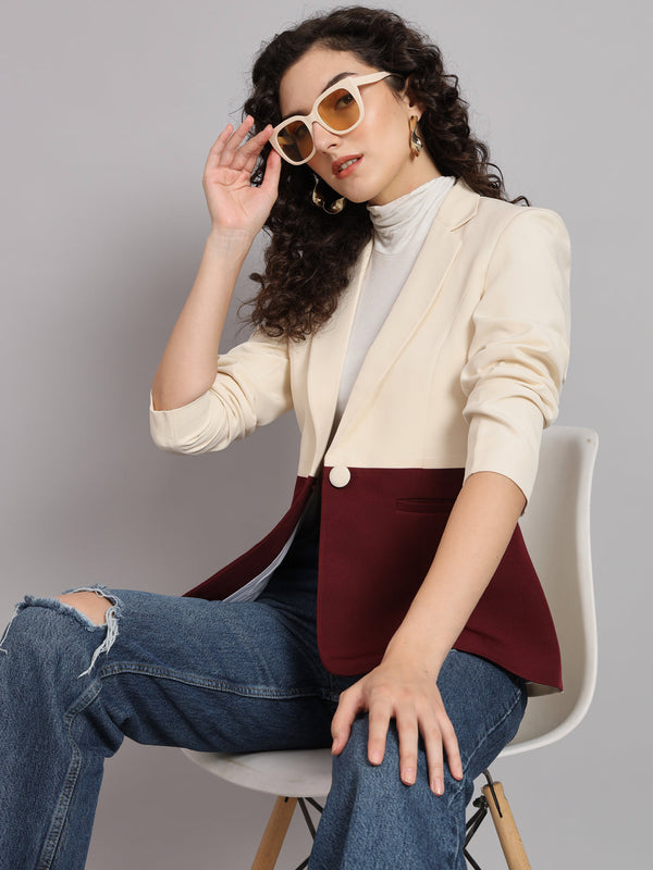 Colour block maroon and off-white polyester blazer with notch collar.