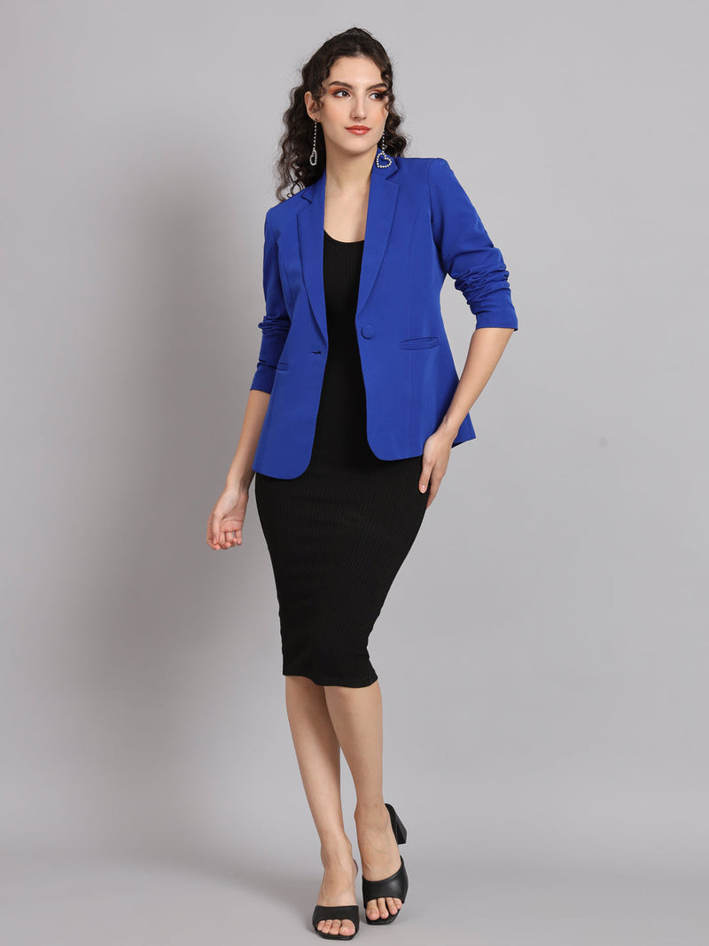 Notch Collar Polyester Blazer in Ink Blue worn with a black dress.