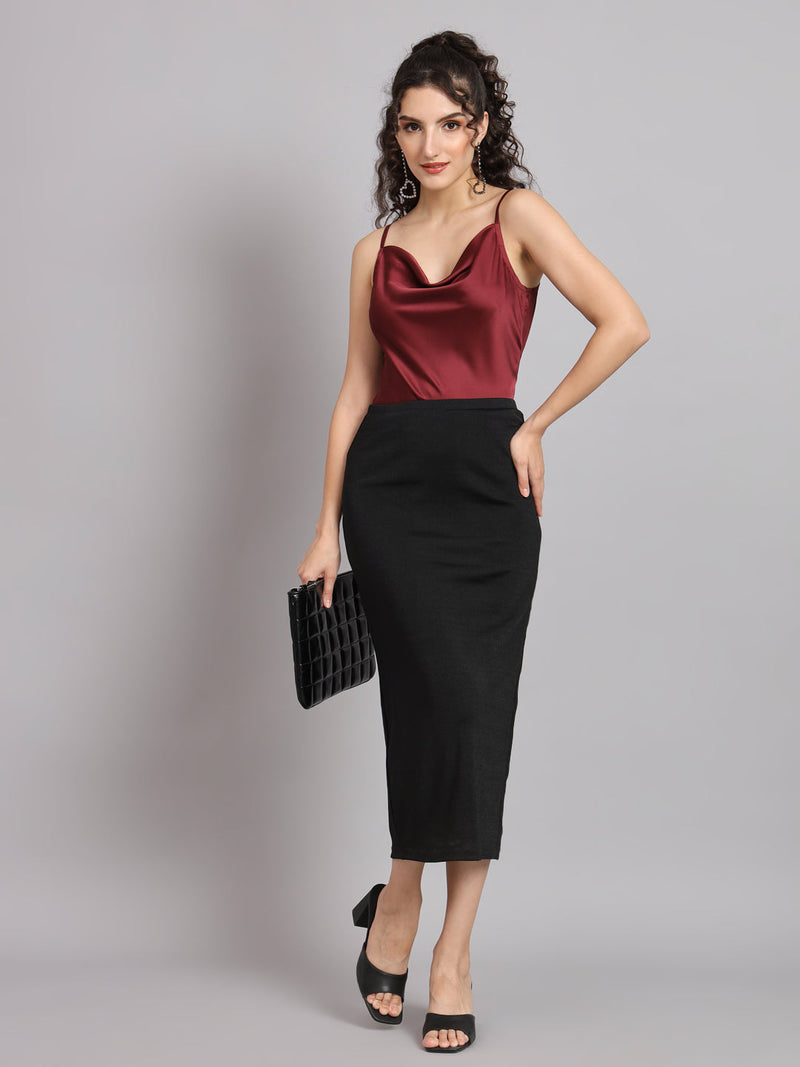 Sleeveless satin top paired with stretch pencil skirt outfit.