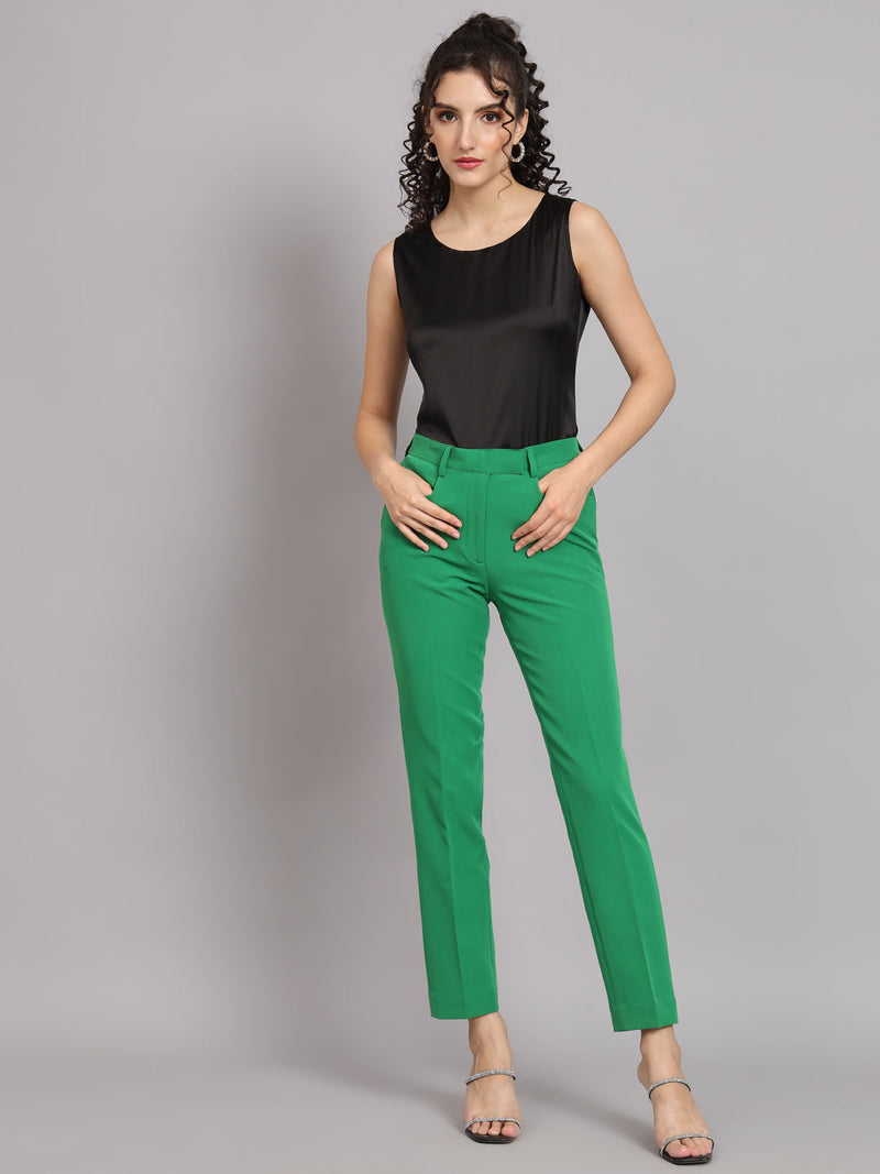 Sleeveless satin top and comfort fit trousers for stylish women.