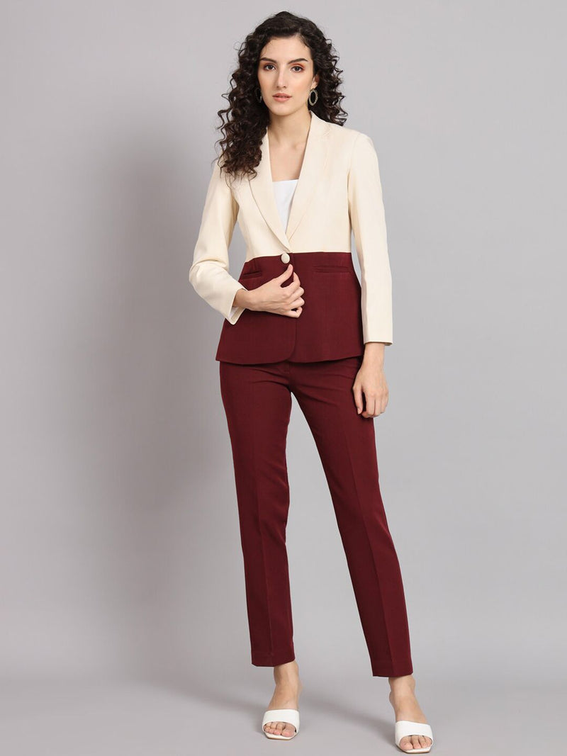 Colour Block Notched Collar Pant Suit - Off White and Maroon