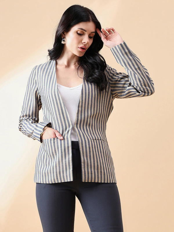 Stripe Poly Linen Blazer in Navy and Beige for stylish outfits.