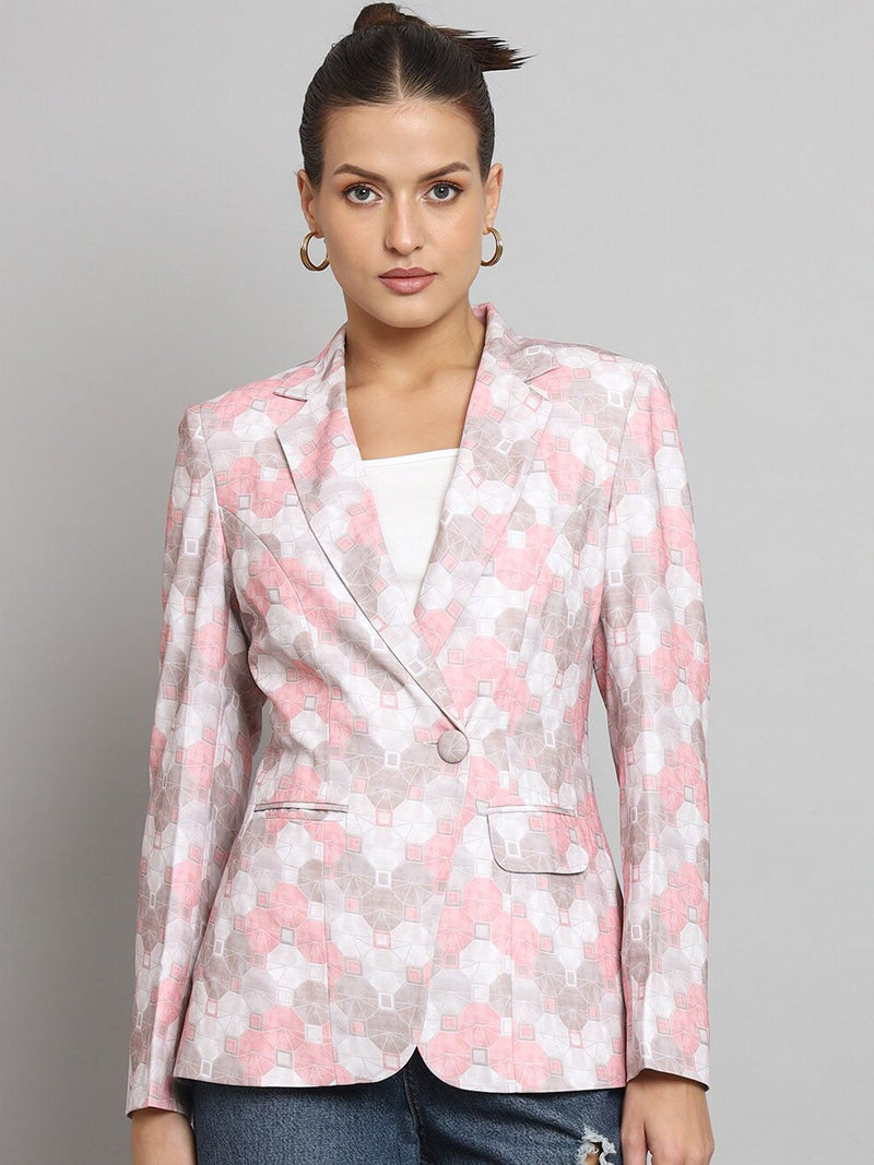 Printed Notch Collar Blazer- Pink