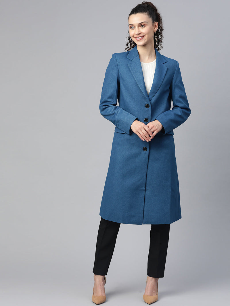 Solid teal blue tweed overcoat for women, stylish and elegant.