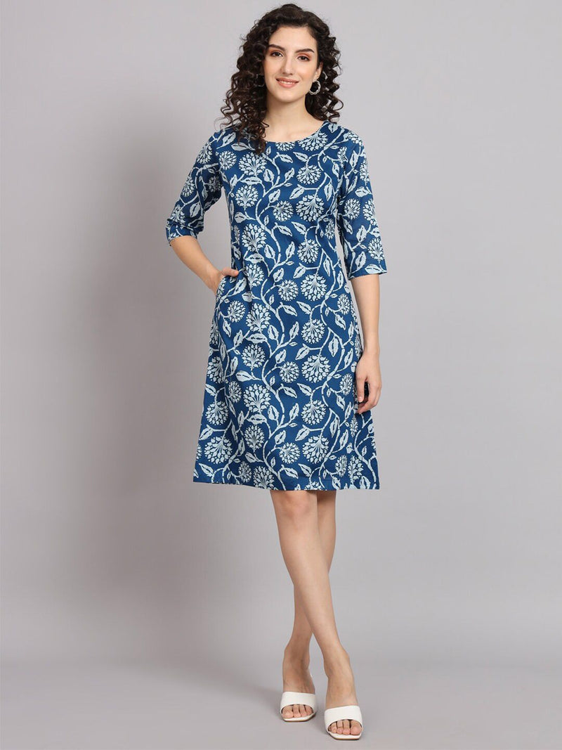 A line Cotton Printed Dress - Blue