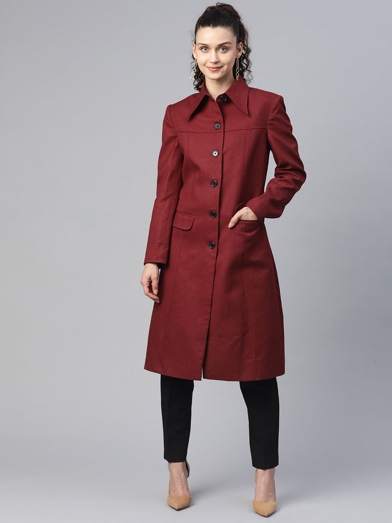 Solid tweed overcoat in wine red, perfect for stylish winter wear.