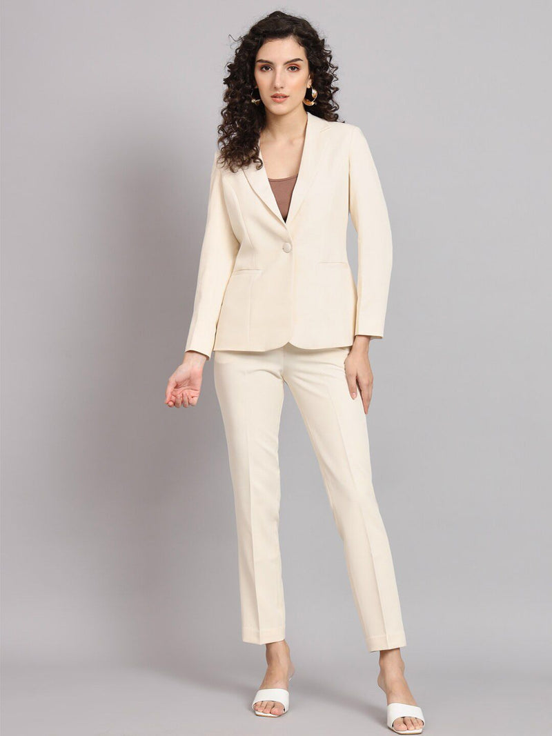 Regular Fit Notched Collar Stretch Pant Suit  - Off White