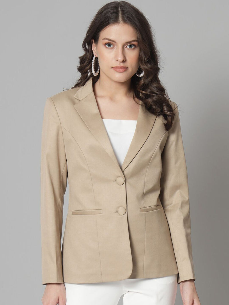 Notch Collar Poly Cotton Blazer- Beige