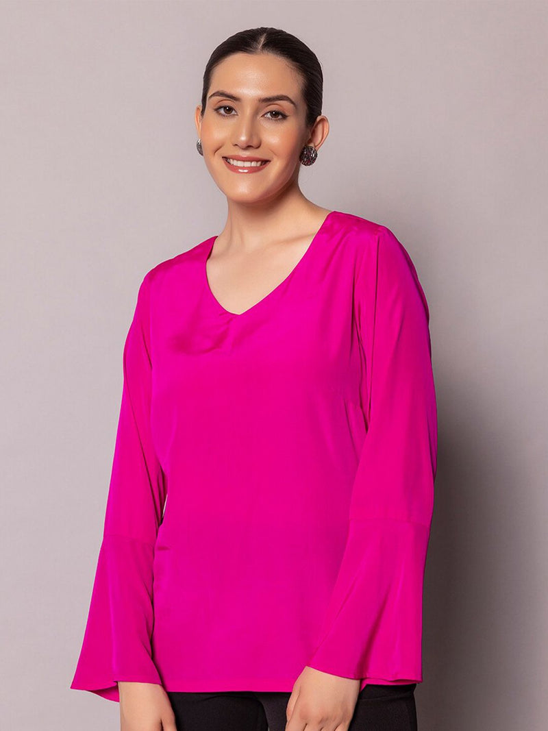 Regular Fit Bell Sleeves Crepe Top- Hot Pink