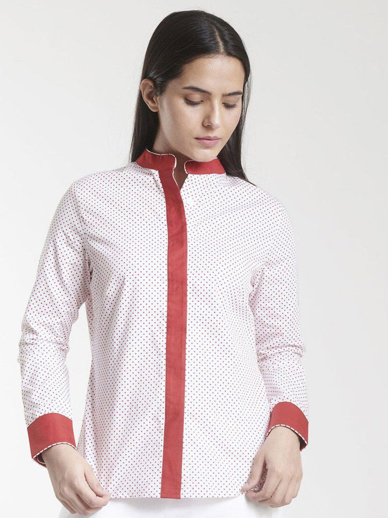 Mandarin Collar Cotton Shirt - White and Red