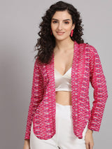 Front Open Ikat Print Jacket - White & Pink