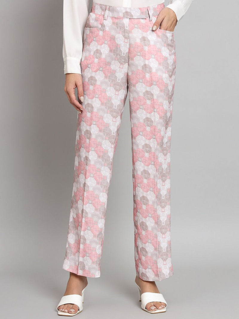 Mid Waist Printed Straight Fit Trouser- Pink