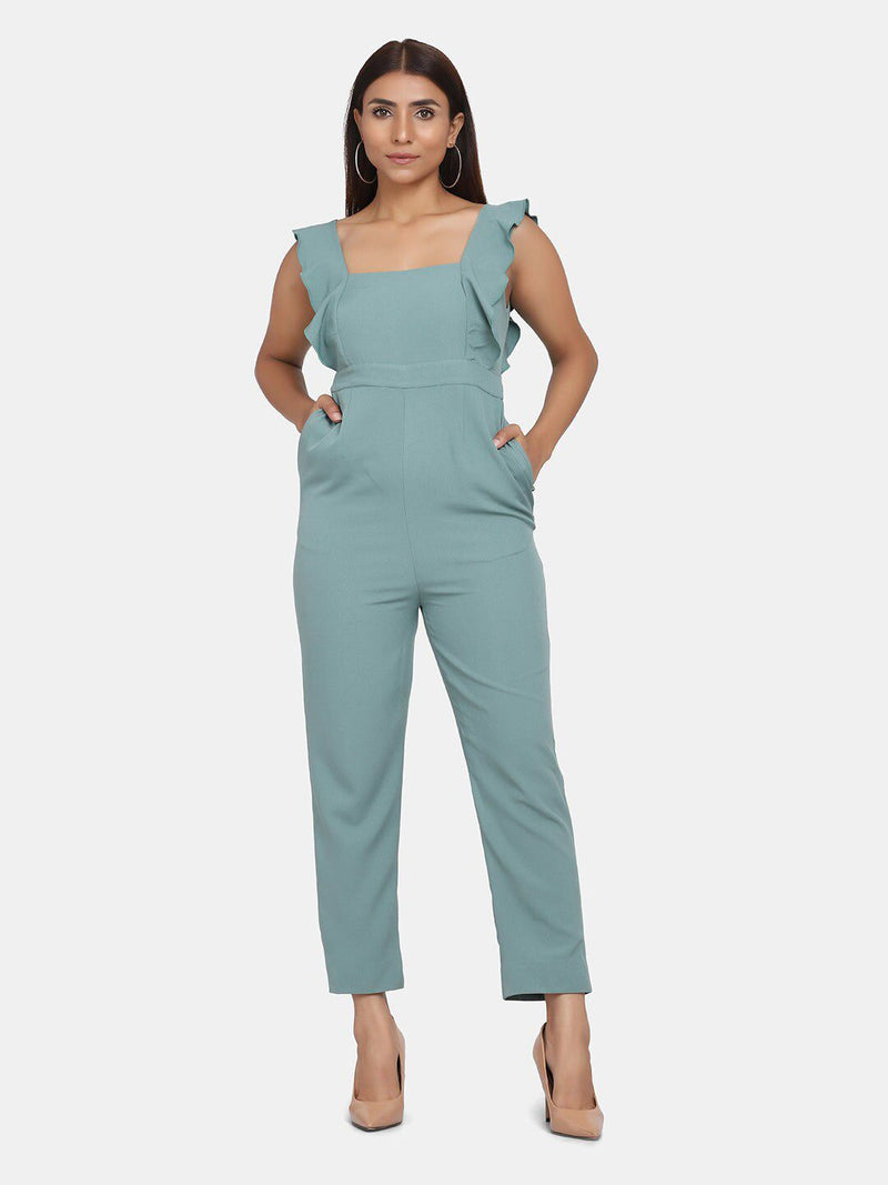 Ruffle Sleeve Stretch Jumpsuit for Women - Sage Green