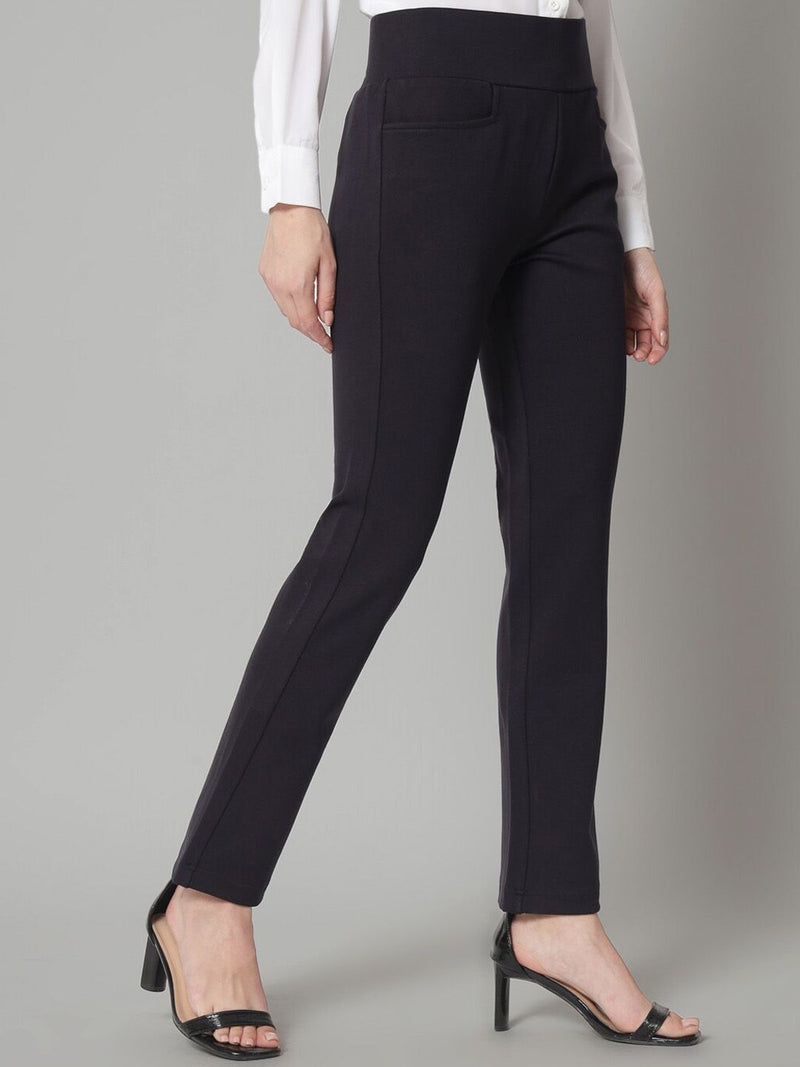 Mid Waist Stretch Tapered Fit Trouser - Navy Blue