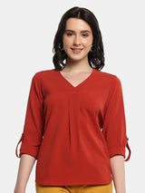 V Neck Crepe Top - Rust