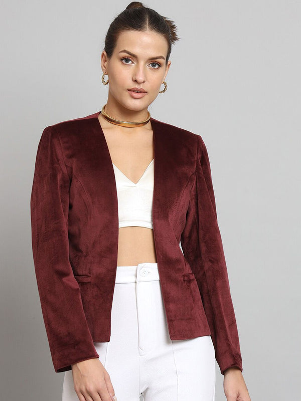 Short Velvet jacket without collar- Maroon