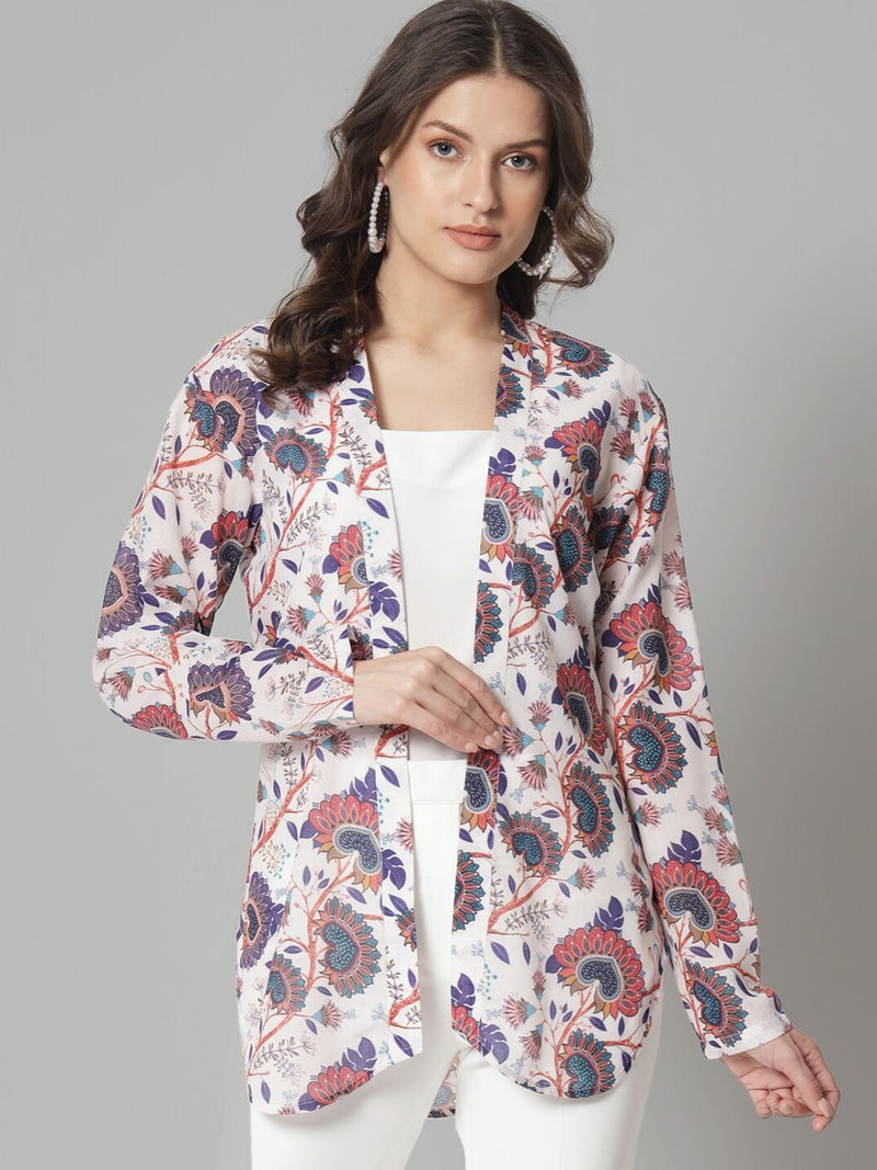 Front Open Printed Jacket- white and blue