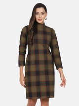 Warm Checkered Tweed Dress - Brown