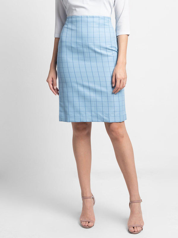 Light Blue Windowpane Check Straight Skirt