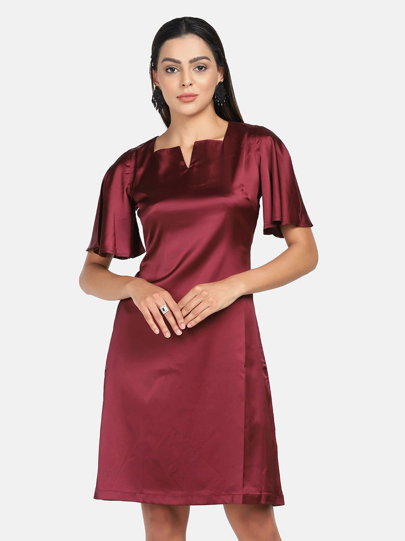 Satin Stretch A line Party Dress - Wine