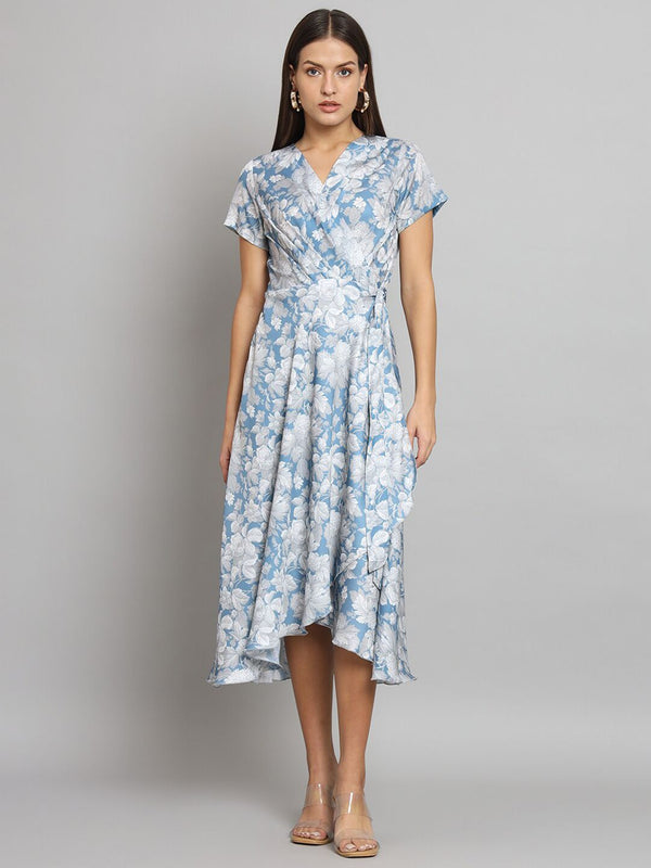 Printed wrap around dress- Blue and Grey