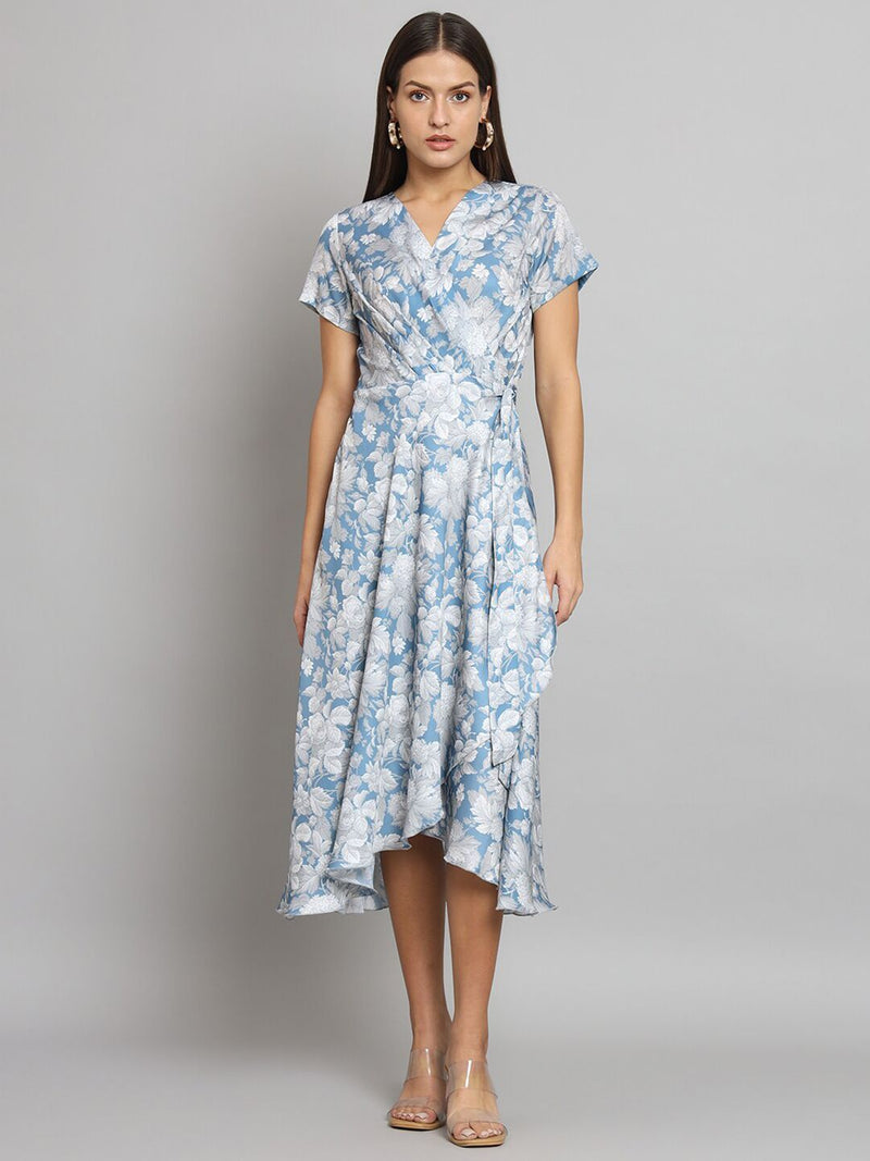 Printed wrap around dress- Blue and Grey