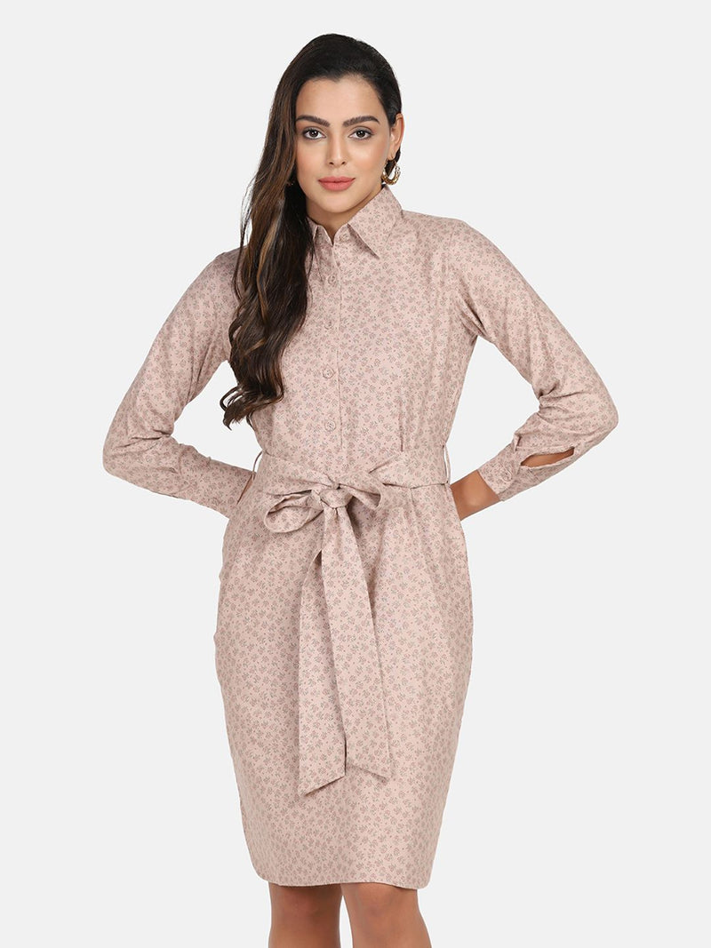 Cotton Printed Shirt Dress - Beige