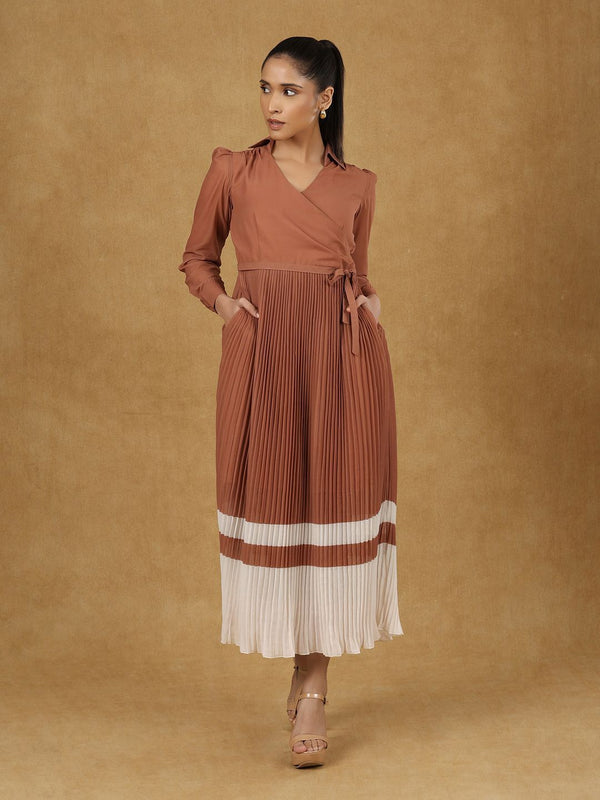 Brown Wrap Pleated Dress